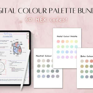 May include: Digital color palette bundle with 60 hex codes. Three cards with different color palettes: pastel, neutral, and boho. Each card has 20 color swatches.