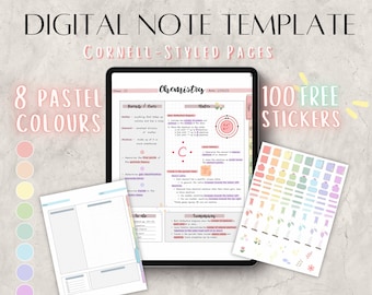 Digital Note Papers Template With Tabs, Pastel Cornell Notes, Student ...