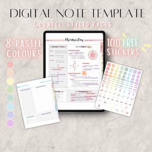 Modello di carta per appunti digitale con schede, appunti Cornell pastello, presa di appunti per studenti, adesivi preritagliati, notabilità Goodnotes per iPad, studio