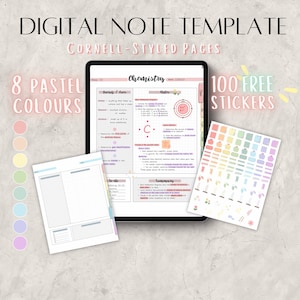 Digital Note Papers Template With Tabs, Pastel Cornell Notes, Student Note Taking, Pre-cropped Stickers, iPad Goodnotes Notability, Study