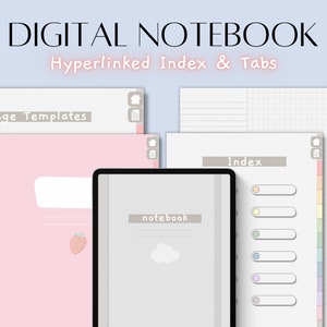 Digital notebook with hyperlinked tabs and index, portrait digital notebook, note paper templates and dividers, pastel goodnotes template