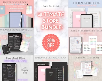 Digital note taking bundle, page templates, digital notebook, cornell pages, handwriting font family, colour palette, pre cropped stickers