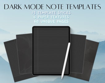 Dark Mode Digital Note Pages Templates | iPad Goodnotes Notability student note taking, dark black digital note pages with textures portrait