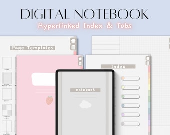 Digital notebook with hyperlinked tabs and index, portrait digital notebook, note paper templates and dividers, pastel goodnotes template