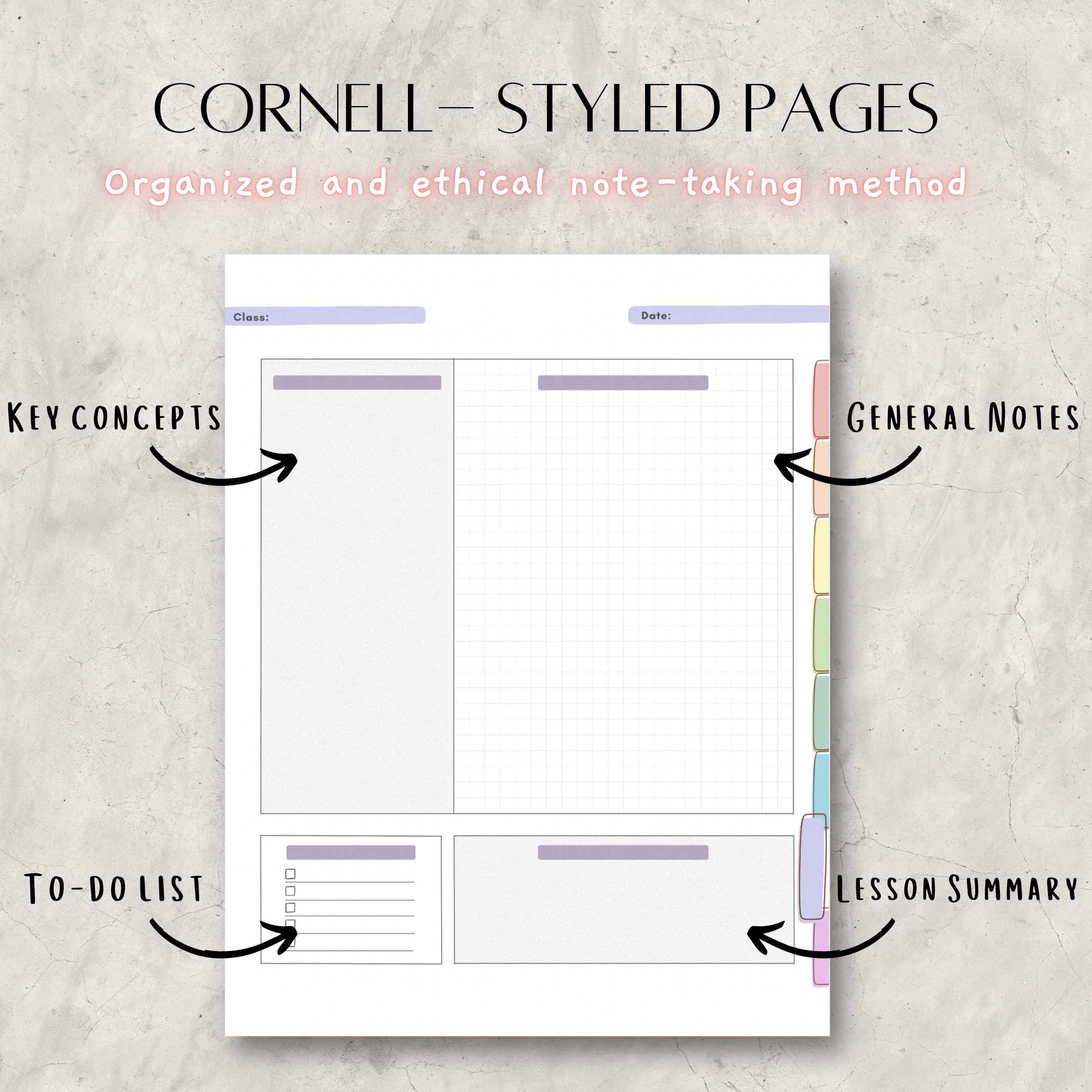 Digital Note Papers Template With Tabs, Pastel Cornell Notes, Student ...