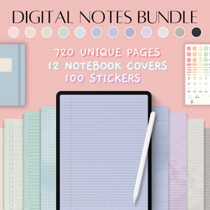 May include: Digital notes bundle with a light blue notebook, a tablet displaying lined paper, and a stylus. The image includes 720 unique pages, 12 notebook covers, and 100 stickers. Pastel color palette with text: DIGITAL NOTES BUNDLE.