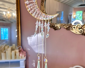 Rose Quartz Butterfly Crystal Moon Suncatcher: Handmade Rainbow Maker