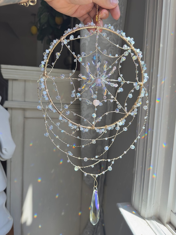 Crystal Spider Web Suncatcher: AB Crystals, Opalite, Rose Quartz