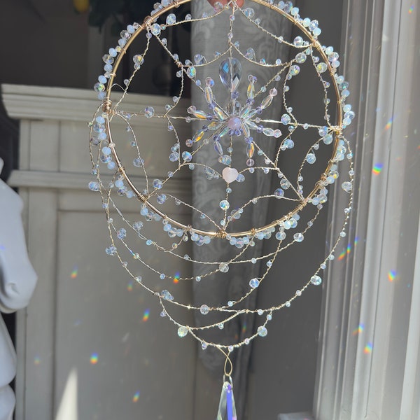 Crystal Spider Web Suncatcher: AB Crystals, Opalite, Rose Quartz