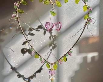 Heart Crystal Cherry Suncatcher: Green Jade Rainbow Maker