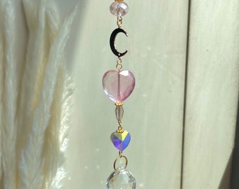 Crystal Car Mirror Suncatcher: Pink Moon, Fairy Lights, Girlie Car Decor
