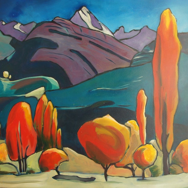 Paysage d'automne en Aragon - peinture acrylique sur toile - tableau coloré  - original - 100x80 cm