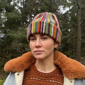 May include: A striped knit beanie in shades of red, green, yellow, and blue. The hat is worn with a brown crochet sweater, a denim jacket with a faux fur collar, and a white lining. The background features a forest setting.