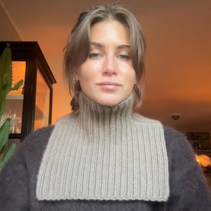 Puede incluir: Un cuello de tortuga tejido de color gris claro, usado sobre un suéter gris oscuro. El cuello es acanalado y tiene un cuello alto. El estilo general es casual y cálido, adecuado para climas más fríos.