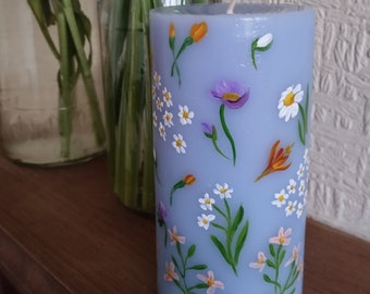 Spring hand painted Pillar Candle| Floral pillar candle| Mother's day| Easter decoration| Home table decoration