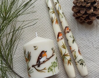 Hand Painted robin on candles| Ivory tapered candle|Ivory Pillar candle| Autumn | Christmas decoration| Winter| Country home decor