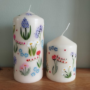 Frühlingswiese auf Stumpenkerzen|Handbemalte Blumenkerzen| Hochzeitskerzen|Valentinstagkerzen| Tischdeko|Muttertag|Ostern|Party|Geburtstag