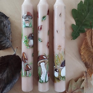 Hand painted mushrooms on candles|Fall decoration|Thanksgiving candles|Autumn Gift| House warming decor| Table decoration