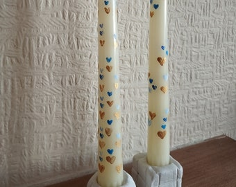 Pair of Hand Painted Cream Candles with Hearts | Valentine Candle Decoration | Birthday Table decoration| House warming gift