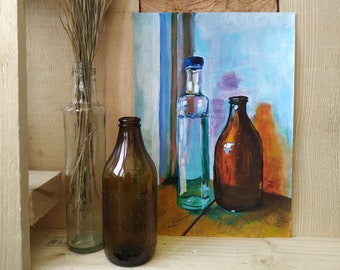 Naturaleza muerta acrílica original / Botellas pintadas a mano sobre papel
