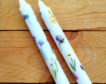 Pair of Hand Painted Floral Candles | With Spring Wild Flowers| Valentine's gift | Mother's day Gift| Table Decoration | Gift idea