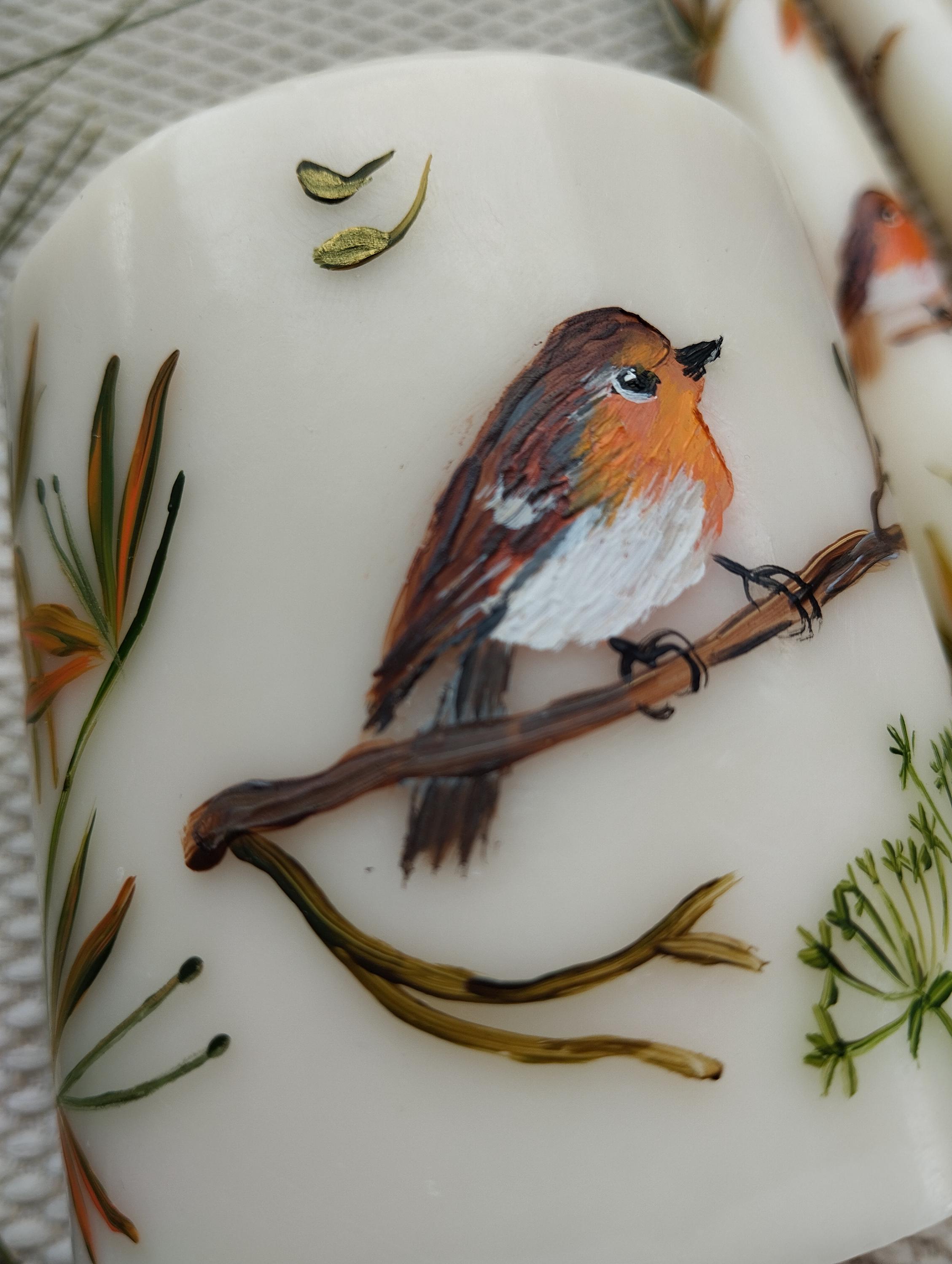 Hand Painted Robin on Candles| Ivory Tapered Candle|ivory Pillar Candle ...