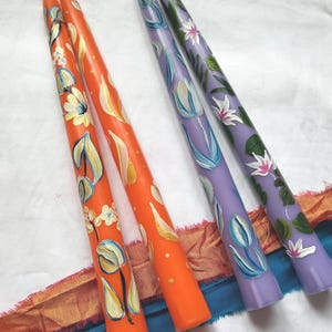 Summer floral candles| Orange & Mauve Painted candles| Hand painted tapered Candles|Bold summer painted candles|Table decor| Birthday|Gift