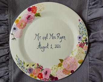 Hand Painted Personalized Ceramic Plate | Floral | Wedding | Anniversary