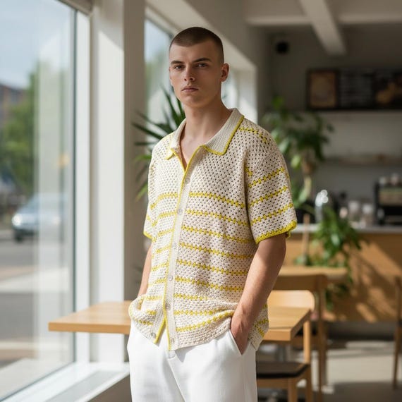 Mens Crochet Shirt Pattern | Granny Stitch Button Up Top | Striped Crochet Pattern for Men | 5 Sizes S-XXL | PDF English & French