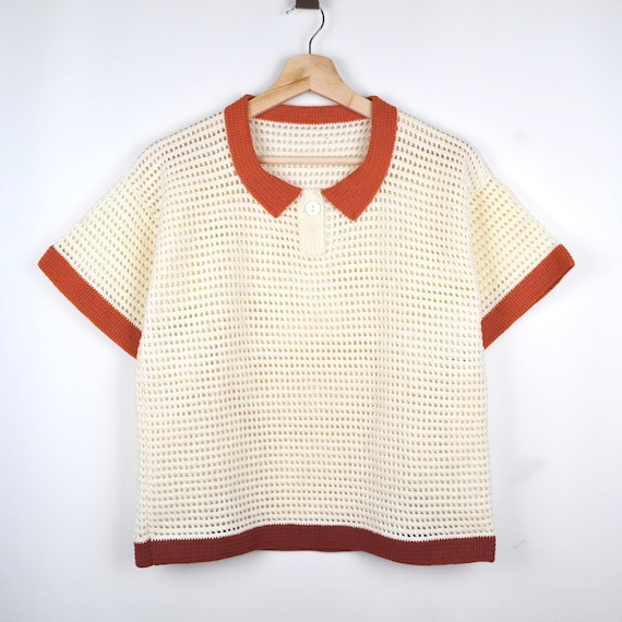 Filet Crochet Top Pattern - Crochet Polo Shirt Pattern - Polo NERINA - Women Size (S to XXXL) - Pdf Files in English & French