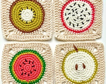 Granny Square Fruits Crochet Pattern - 4 Fruits Granny Square Pattern : Kiwi, Watermelon, Dragon Fruit and Apple - with Diagram - In English