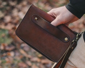 Personalized Leather Clutch,  Full Grain Leather Clutch, Brown men's leather wallet, Zipped leather walle, Wrist Bag