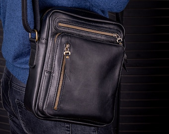 Men's black leather shoulder bag, Personalized men's leather bag, Leather crossbody bag, Mens leather purse, Phone bag man
