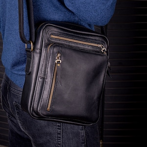 Men&#39;s black leather shoulder bag, Personalized men&#39;s leather bag, Leather crossbody bag, Mens leather purse, Phone bag man