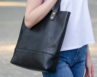 Black Leather Tote Bag, Leather shoulder bag, Leather Purse Crossbody, Market Bag, Ladies Full Grain Leather Bag