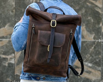Handcrafted Top Grain Leather Backpack, Leather bag men backpack, Leather rolltop backpack, Men leather travel backpack, Laptop Backpack