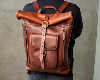 Roll top leather backpack, Leather bag men backpack, Leather rolltop backpack, Men leather travel backpack, Brown Leather Backpack for men