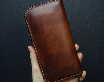Cartera de cuero personalizada, Cartera de cuero de grano completo, Cartera marrón para ella o para él, Cartera de cuero con cremallera, Bolso de muñeca, Cartera de cuero larga