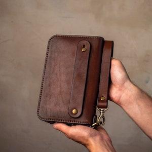 Embrague de cuero, Cartera de cuero, Cartera de cuero marrón, Walle de cuero con cremallera, Cartera de cuero larga, Bolso de muñeca, Cartera de cuero de regalo, Regalo para él