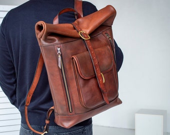 Leather Backpack Men, Brown Leather Backpack, Full Grain Leather Backpack, Minimalistic Travel Backpack, Office and Travel everyday bag