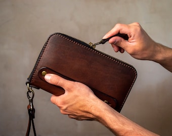 Cartera de piel, Cartera de piel para hombre, Bolso de mano de piel, Cartera de piel marrón, Cartera de piel con cremallera, Cartera de piel larga, Regalo para él