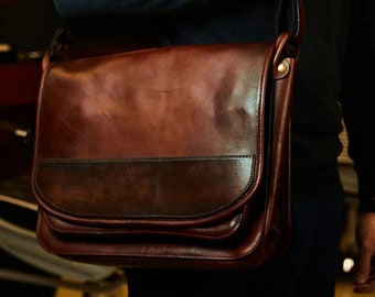 Handmade leather messenger bag, personalized leather laptop bag man, anniversary gift for husband, mens leather laptop bag