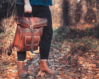 Leather Roll Top Backpack, Handmade Brown Rucksack