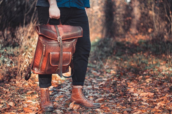 brown leather backpack etsy Leather Roll Top Backpack, Handmade Brown Rucksack