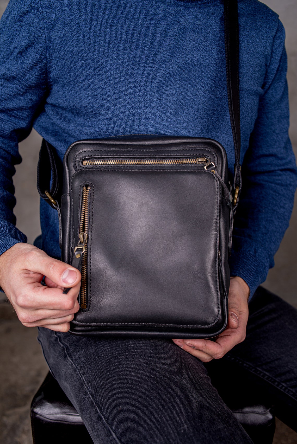 Men's Black Leather Shoulder Bag Personalized Men's - Etsy
