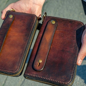 Cartera de cuero personalizada, Cartera de cuero de grano completo, Cartera de cuero marrón para hombre, Cartera de cuero con cremallera, Bolso de muñeca