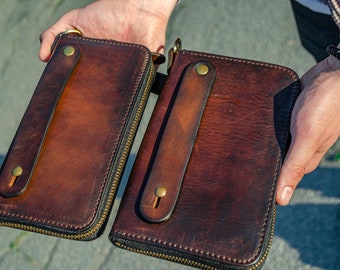 Cartera de cuero personalizada, Cartera de cuero de grano completo, Cartera de cuero marrón para hombre, Cartera de cuero con cremallera, Bolso de muñeca