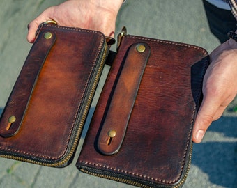 Personalized Leather Clutch,  Full Grain Leather Clutch, Brown men's leather wallet, Zipped leather wallet, Wrist Bag