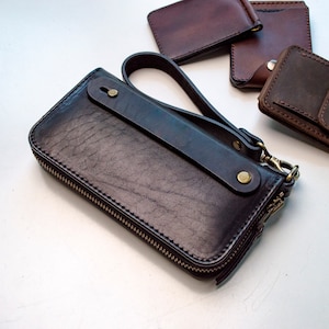 Cartera de cuero para hombre, bolso de mano de cuero, billetera de cuero con cremallera, bolso de mano, bolso de cuero, billetera larga, cuero hecho a mano, regalo para él