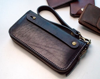 Cartera de cuero para hombre, bolso de mano de cuero, billetera de cuero con cremallera, bolso de mano, bolso de cuero, billetera larga, cuero hecho a mano, regalo para él